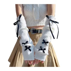 Punk Gothic Harajuku Knit Mitten Arm Sleeves Y2K Fingerless Mittens Women Lace Up Design Knitted Gloves Cosplay Anime Gloves