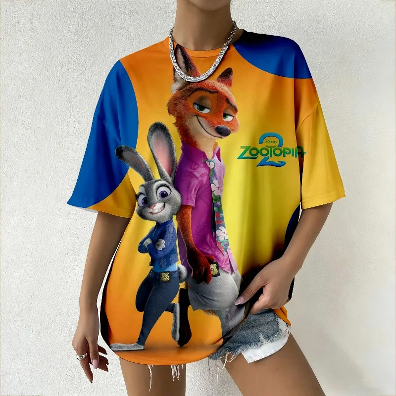 ملابس نسائية تي شيرت كبير الحجم Zootopia Judy & Nick Print Y2K Style صيفي ضروري لأزياء الشارع الشهير والمناسبات اليومية