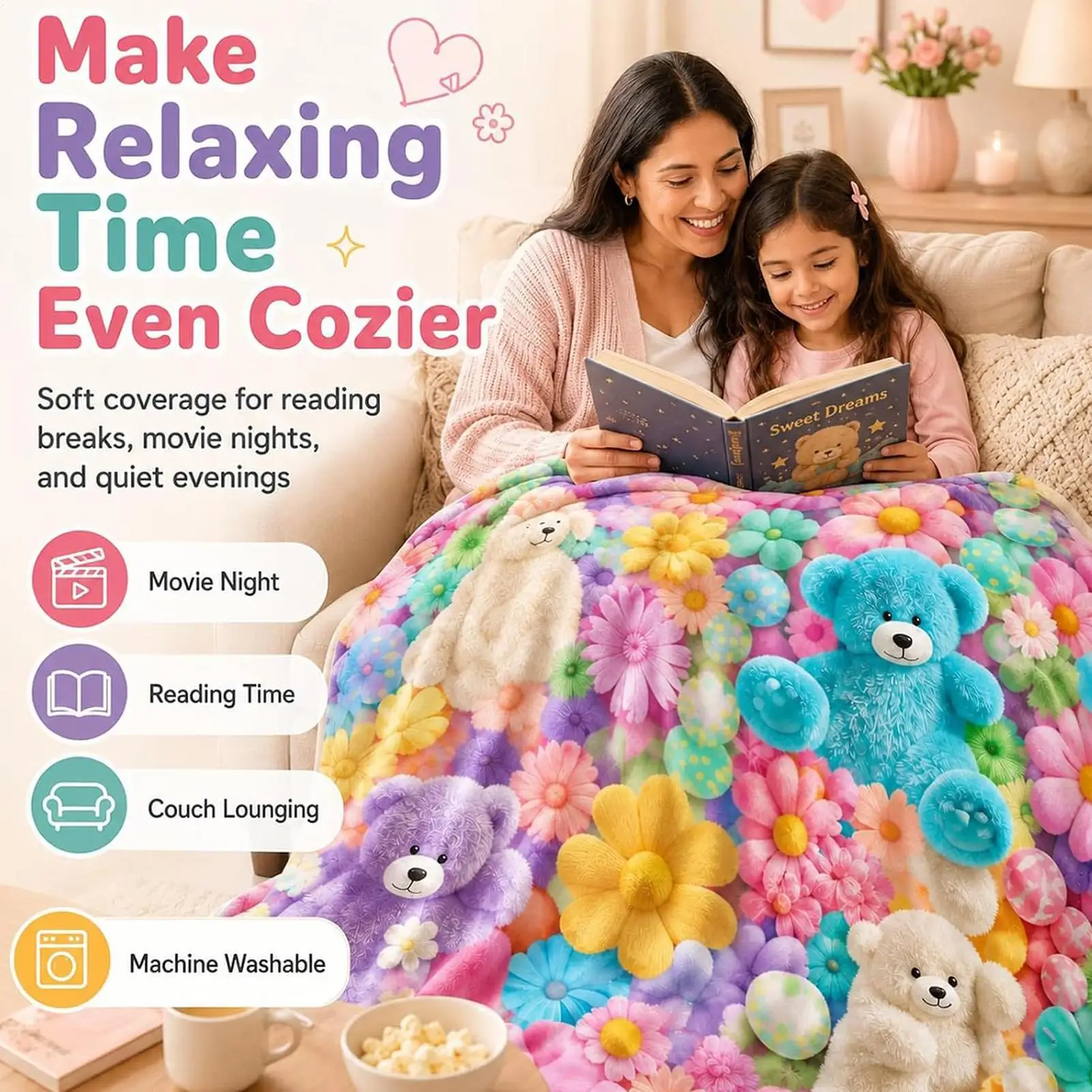 3D Fluffy Teddy Bear Floral Egg Pastel Print Flannel Blanket Soft And Comfortable All-Season Blanket Suitable Travel Blankets - view 2