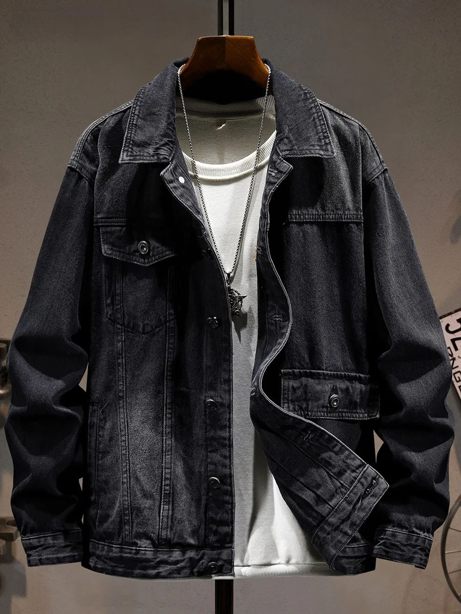 

Мужская повседневная джинсовая куртка свободного кроя с множеством карманов, модная рабочая одежда, универсальная, с воротником-стойкой, длинными рукавами, молодежная, стильная