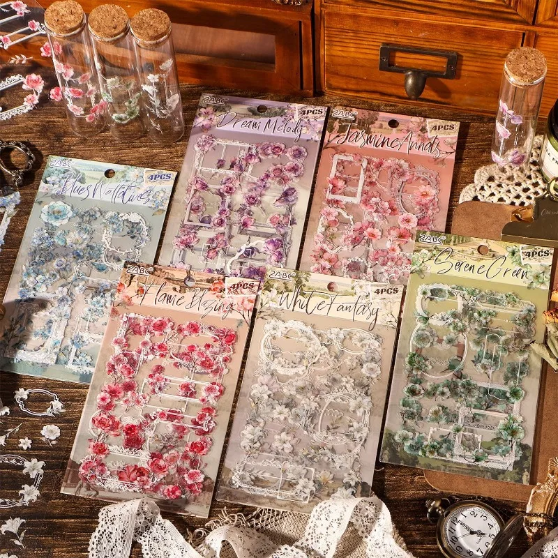 Elegant European Frame Garden Floral PET Stickers for Journal Scrapbook Cute Kids Decals Waterproof DIY Scrapbooking Sticker