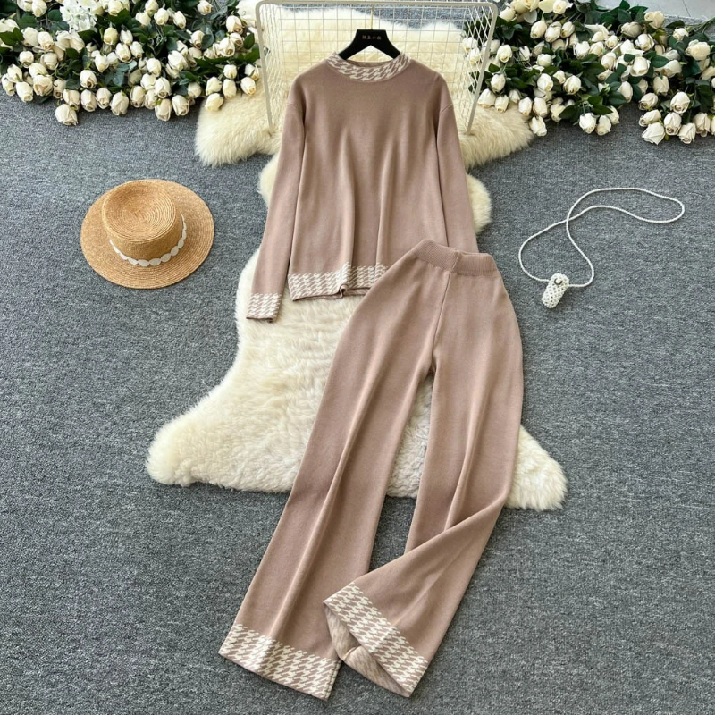 

Pant Sets Knit Two Piece Set Full Sleeve Pullovers Round Neck Sweaters Regular Long Pants Print Thick Casual Autumn Winter