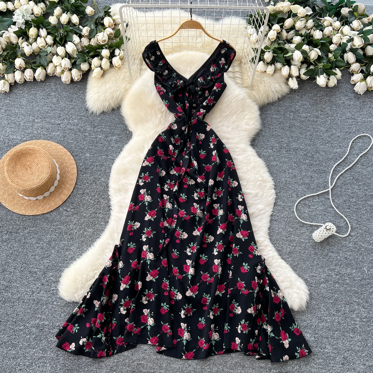 Elegancka sukienka w stylu vintage z szyfonu, dekolt w serek, bez rękawów, z nadrukiem, dopasowana, w stylu koreańskim, boho, długa sukienka letnia, odzież damska.