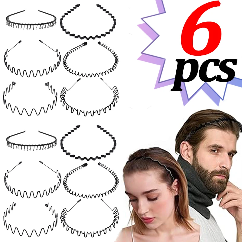 6pcs Fashion Metal Hair Band for Men Women Unisex Black Wavy HairBand Headwear Non Slip Sports Bangs Holder Hair Accessories