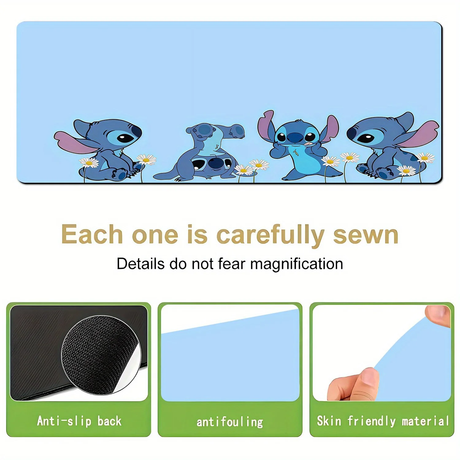 قطعة واحدة من وسادة ماوس ديزني ستيتش ووسادة مكتب - تصميم شخصية كرتونية مع إقحوانات، قاعدة مطاطية غير قابلة للانزلاق، مكتب متعدد الوظائف