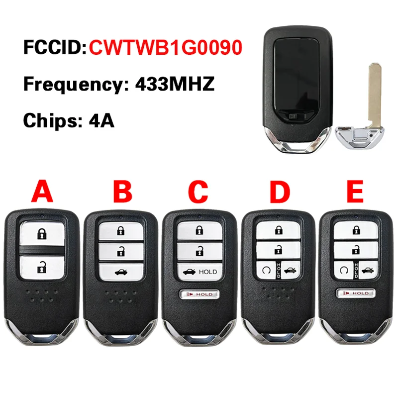 

CN003162 2/3/4/5 Button 433MHZ 4A Chip For Honda Accord 2018-2021 Smart Card Remote Key PN : 72147-TVA-A11 FCC ID : CWTWB1G0090