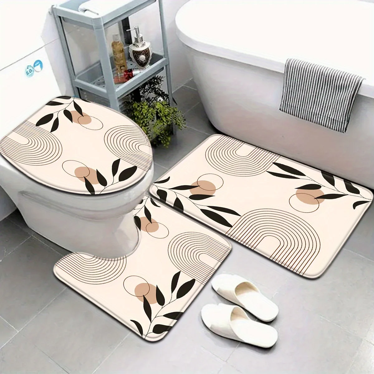 3-piece elegant bathroom floor mat set with floral and circular patterns, rectangular floor mats for toilet and bathtub bathroom
