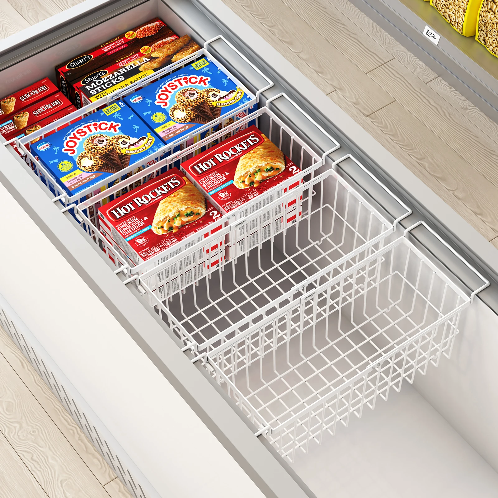 4Pcs Horizontal Freezer Storage Basket with Handle, Expandable Metal Wire Freezer Organizer, Adjustable Storage Basket, Multifunctional Kitchen Storage Container, Large Capacity Adjustable Expandable Freezer Storage Basket