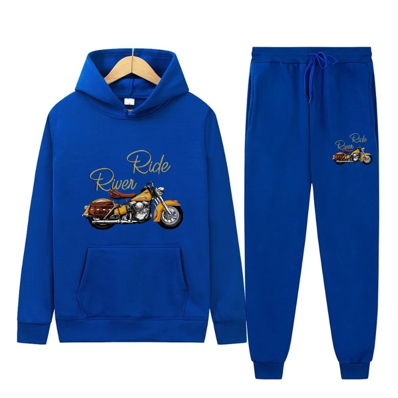 

2026 Fashion Hoodie Pocket Casual Hoodie Sport Set+Drawstring Waist Pants Long Motorcycle Style Pattern Printed Two Piece Set