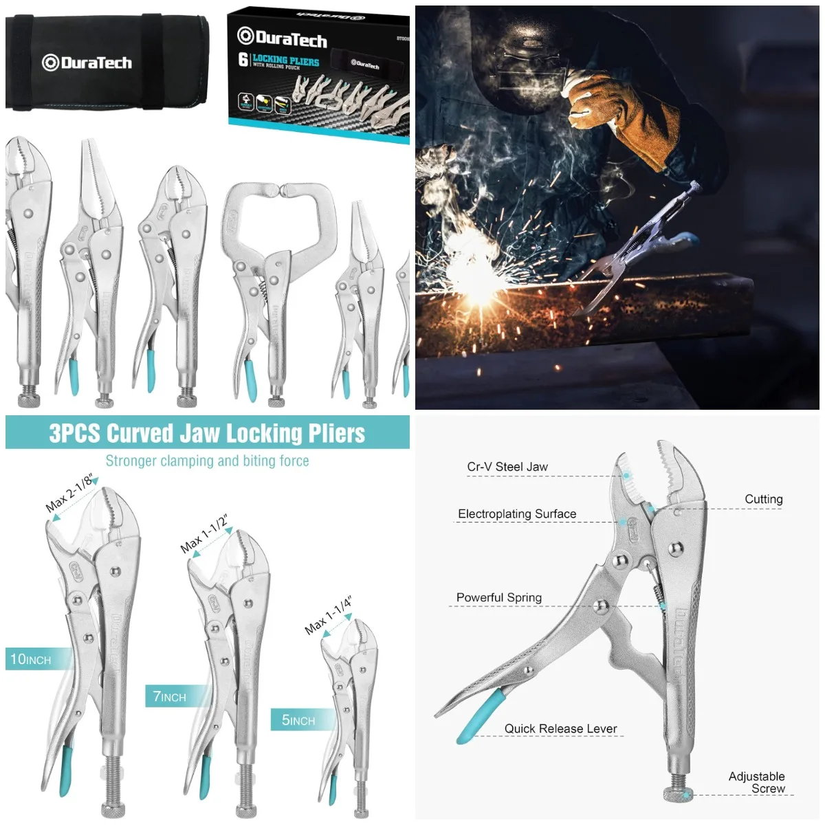 

6-Piece CR-V Pliers Set - Long Nose, Curved Jaw, C-Clamp, Fast Release with Pouch