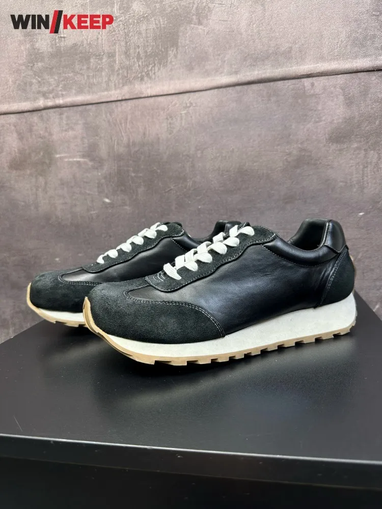 

Outdoor Men Horsehide Genuine Leather Sports Shoes Antiskid Athlete Running Shoes Lace Up Jogging Training Height Increase Shoes