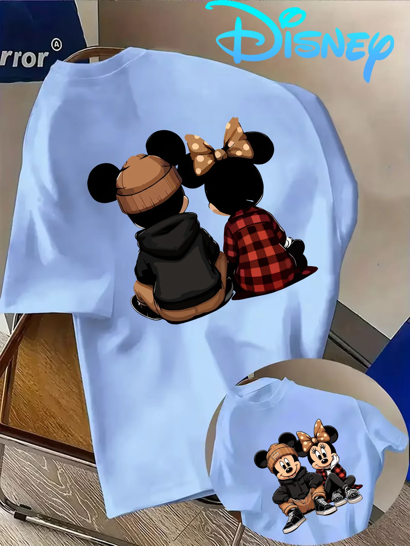 Disney Mickey Minnie Couple Cotton T-Shirt, Streetwear Style Mickey Minnie Back Print Graphic Tee, Casual Short Sleeve Top