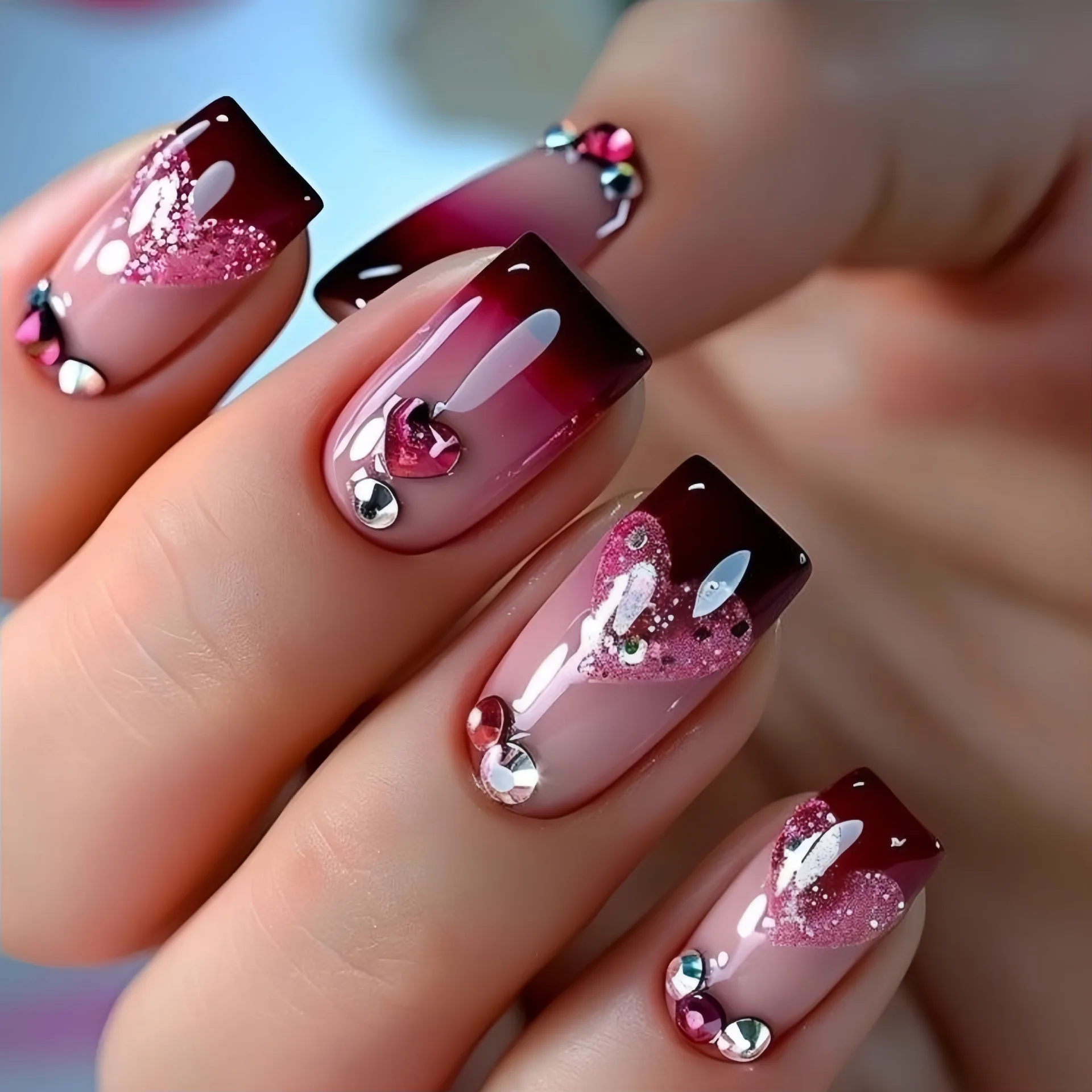 

24pcs Glitter Diamond Design False Nails Gradient Pink Square Full Cover Nail Tips Wearable Coffin Press on Nails Sets Fake Nail