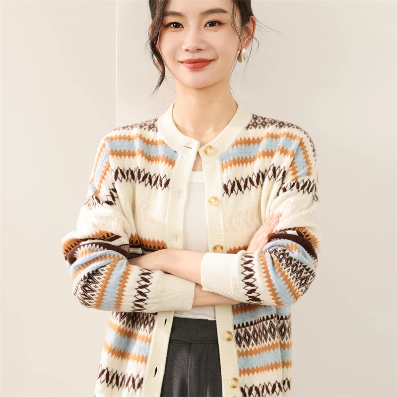 

100% Merino Wool Top Autumn Winter 2025 long-sleeved round neck Fair Isle style retro Loose Cardigan Casual Lady's Wool Sweater