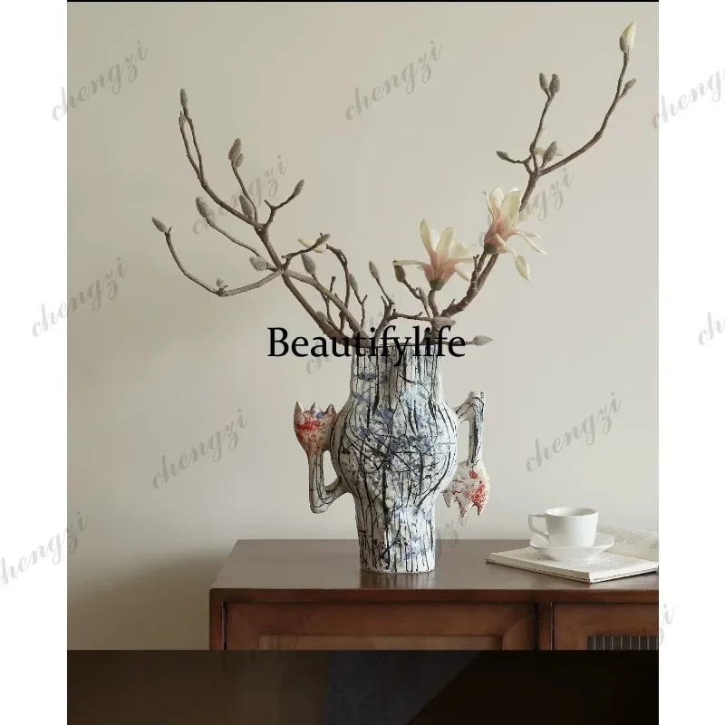CCC Wabi Sand Wind Design Ceramic Hand Painted Art Vase Ornament Desktop Water Cultivator