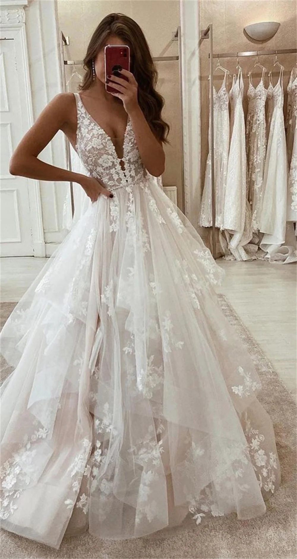 Cathy Sexy Ball Gown فساتين سهرة Tulle V Neck Floral Sleeveless Vestidos De Noiva Floor-Length Flowers Pleats robe de mariée