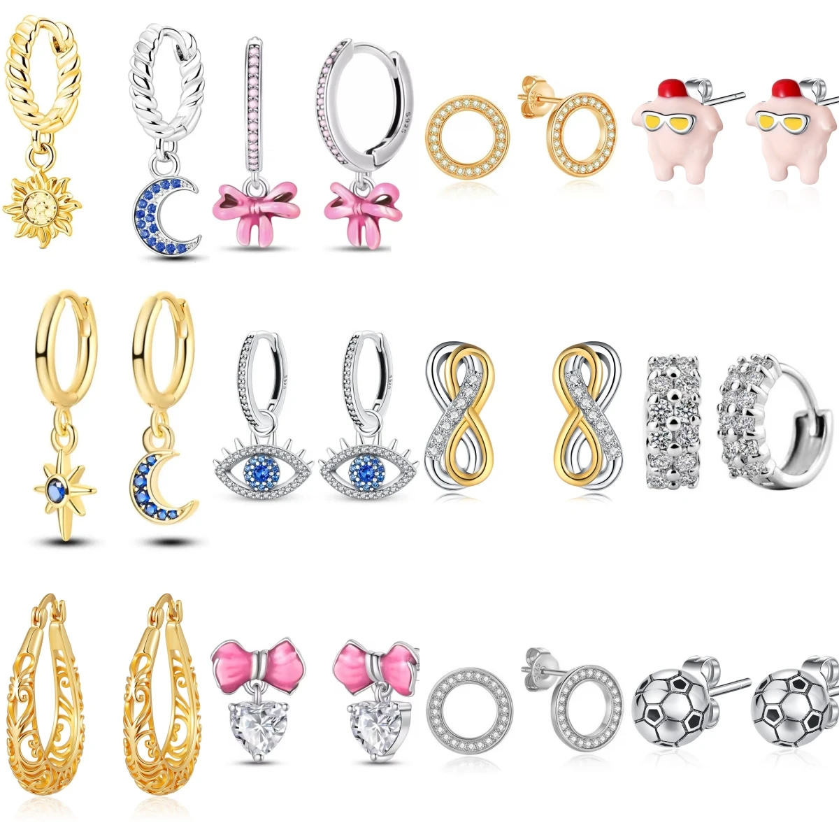 925 Sterling Silver Hoop Earrings for Women Cute Pig Sun Moon Bow Evil Eye Infinity Heart Soccer Stud Fashion Jewelry Gift