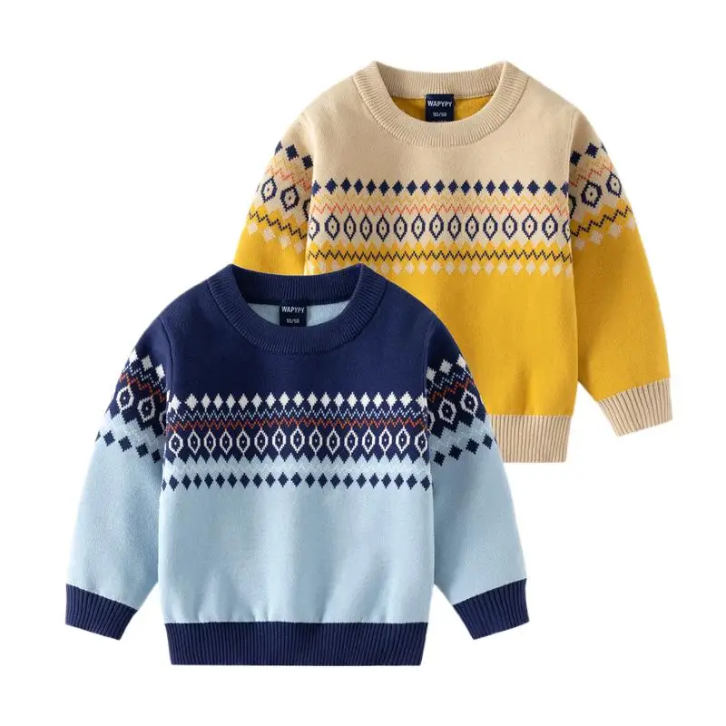 2024 Autumn Children Boy Sweater Cotton Argyle Wave Toddler Boys Pullovers Velvet Round Collar Elastic Hem Infant Boy Undershirt