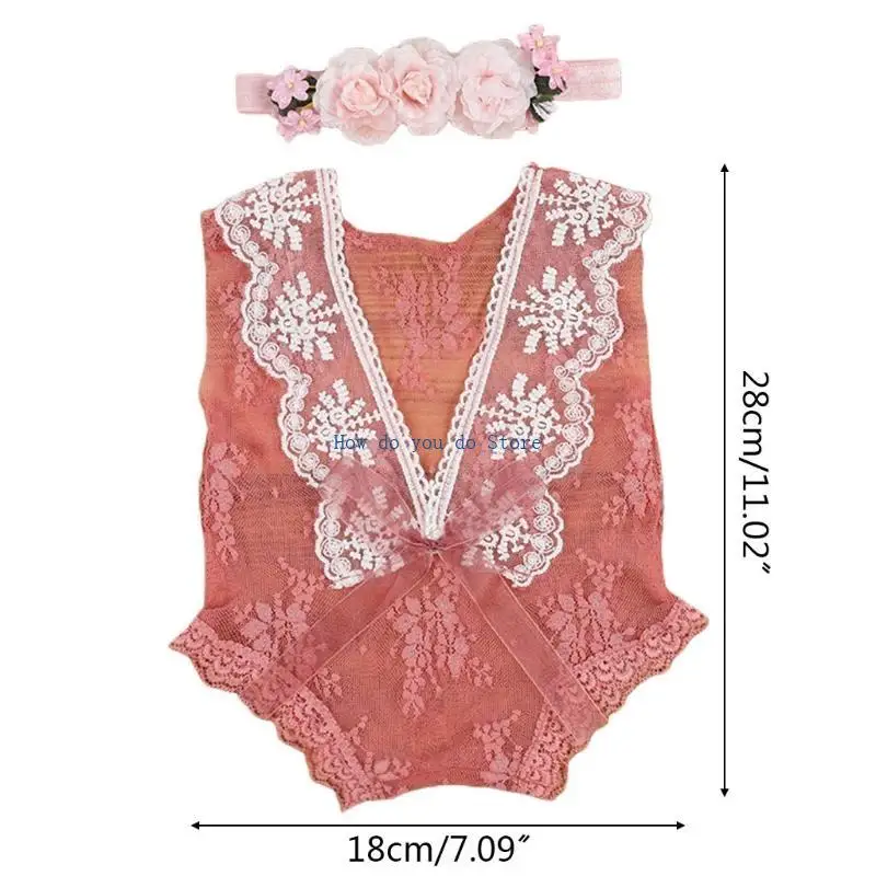 19QF Baby Lace Romper The -Beadble Stet Newborn Proploy Props Bodysuituit Bemsuit with Flower Hair Band Infants Fotografie