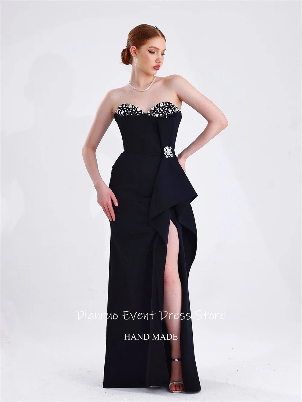 Dianruo Crystal Русалка Вечерние платья Милая спинка Robe De Soirée Femme Элегантные черные платья для выпускного вечера с высоким разрезом по индивидуальному заказу