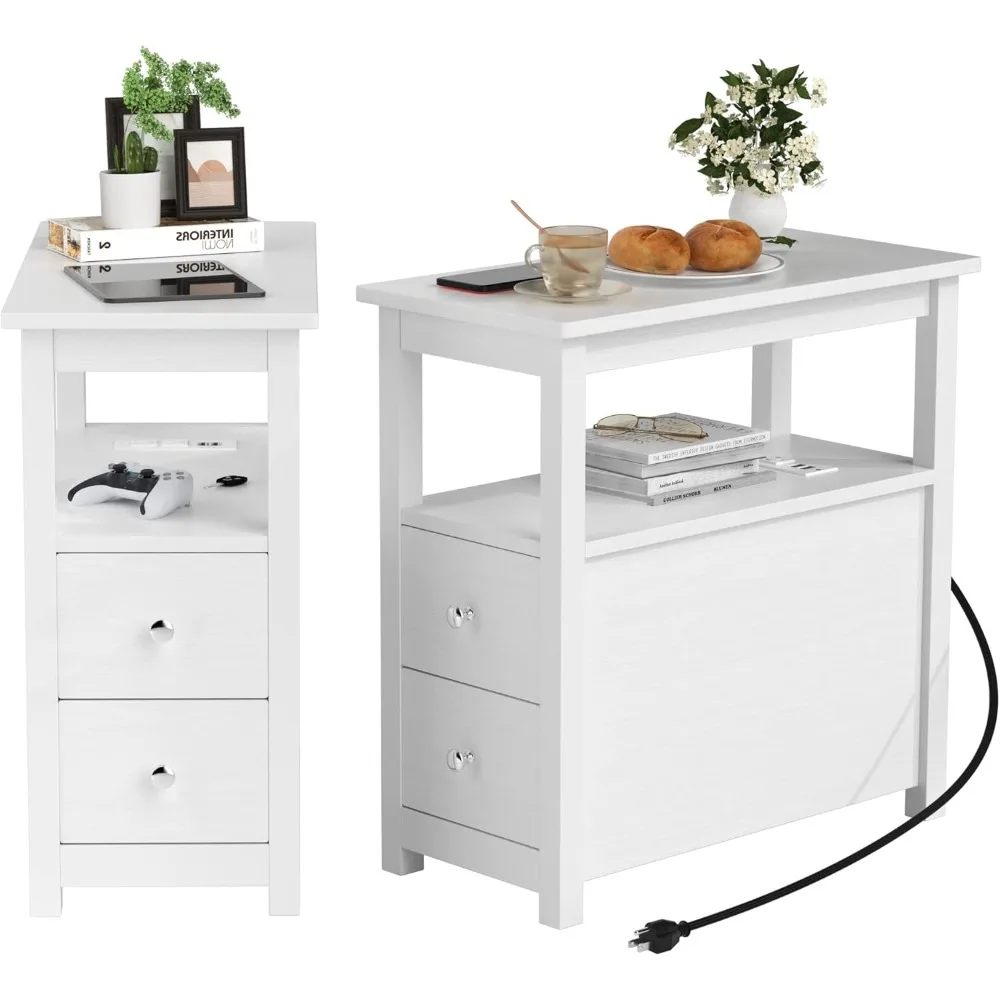 

Two-piece Side Table Set, Living Room Bedside Table with Charging Station, Narrow Side Table with Two Drawers