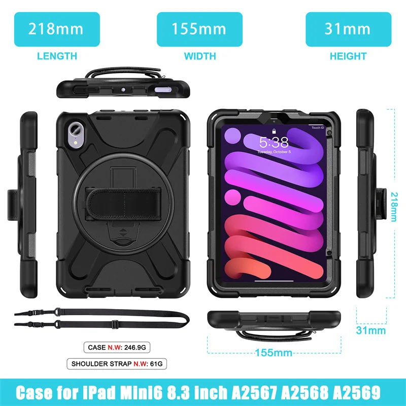 For IPad Mini 6 7 Mini 7th Gen 8.3 inch A17 Pro 2024 Tablet Funda Heavy Duty Rugged Silicon PC Stand Strap Shockproof Case Cover