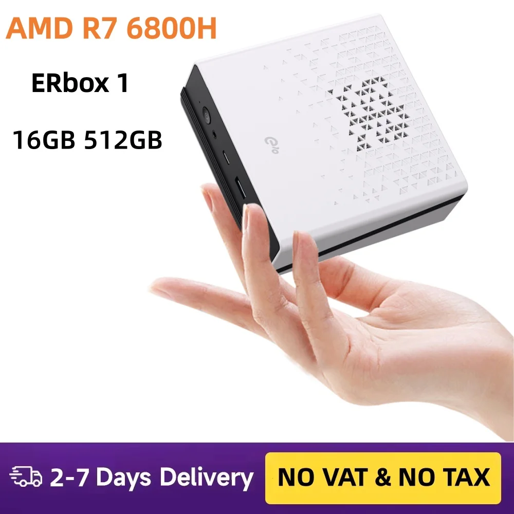 Mini PC AMD Ryzen 7 6800H ERBox 1 Mini PC Windows 11 Pro Ordinateur de bureau 16 Go LPDDR5 512 Go Max 4,7 GHz WiFi6 BT5.3 Max jusqu'à 4K Mini PC de bureau
