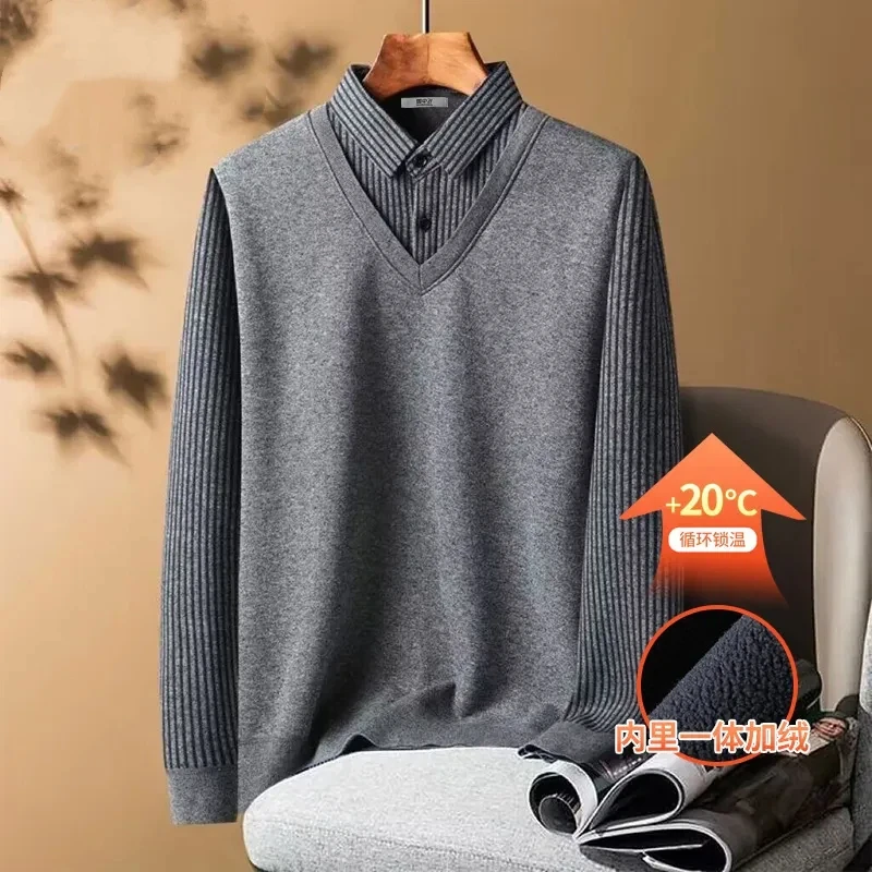 Autumn and Winter New All Match Men's Plush Thick Fake Two Piece Knitted Sweater Dad's Warm Shirt Collar Fashion Top