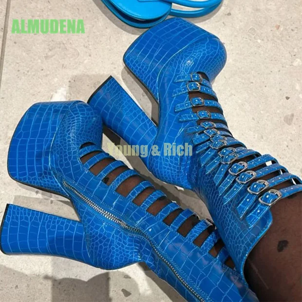 

Thick Bottomed Waterproof Platform Design Blue Punk Style Hollow Buckle Strap Women's Thick High Heels Mid Length Boots