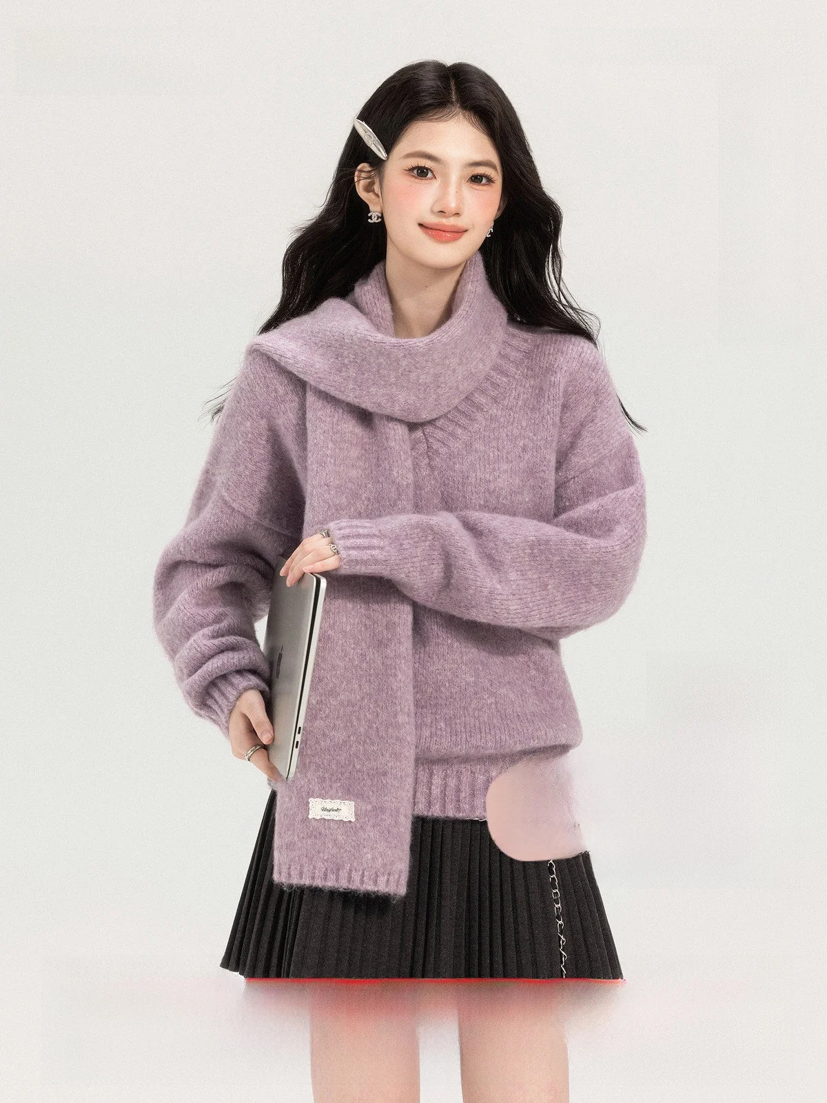 

Ele Purple V-Ne Long Sve Свободный крой осенне-зимний свитер от Wang Ou Xi Удобный повседневный скрывающий свитер для тела