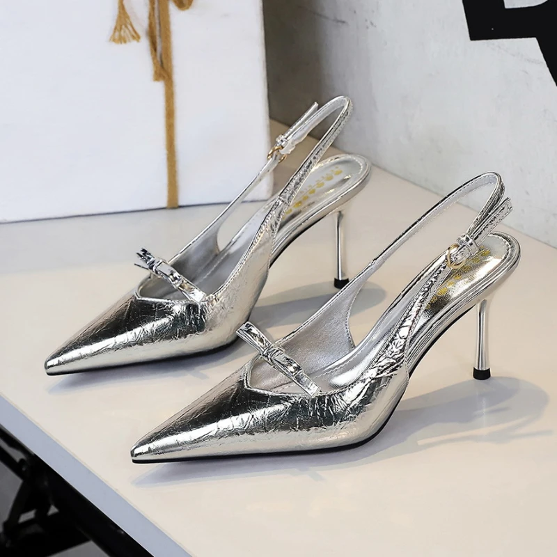

European Style Fashionable Bow Slim Heel High Heels Inscribed Air-Quality Women's Shoes Back Tripping Light Mouth Single Shoes