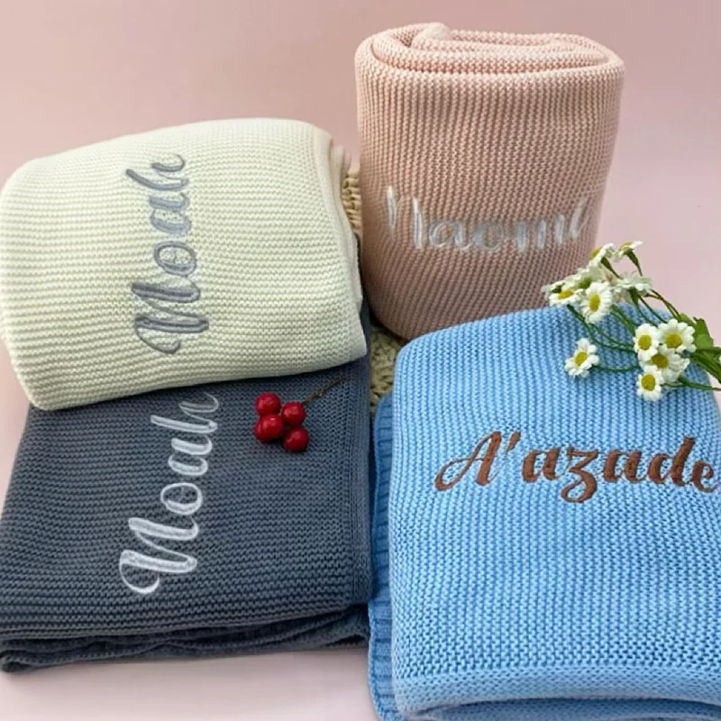 Embroidered Name Knitted Blanket  Stroller Cover Kids Cotton Nap Blanket for Newborn Shower Gifts