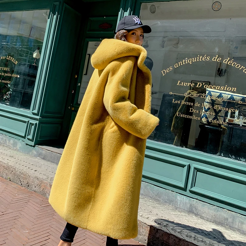 Faux Fur Coat with Hoodies, Long Jacket, Warm Cotton, Imitation Rabbit Fur, Plus Size, Thick, Elegant, Luxury, Winter Fashion