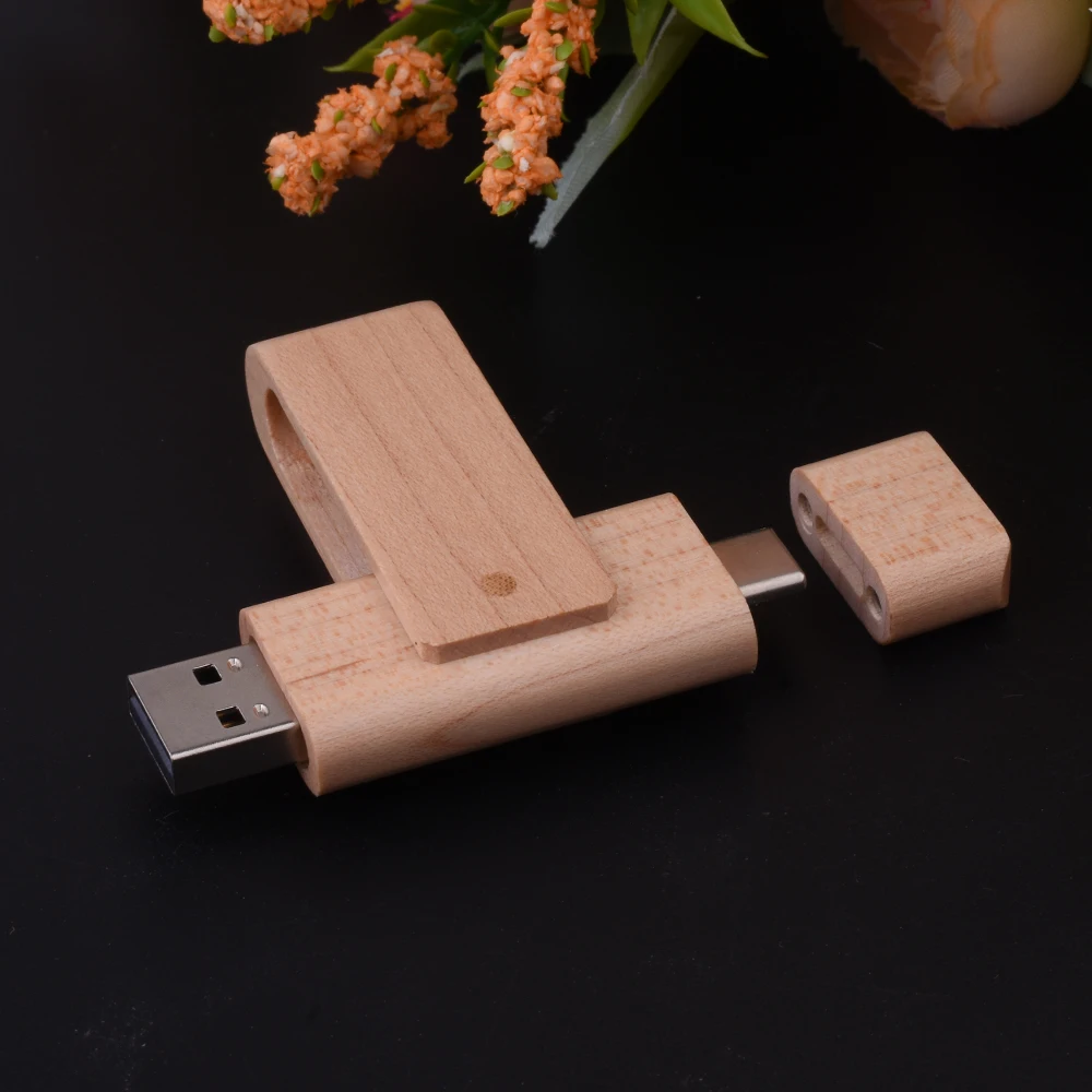 타입C 2 in 1 USB 플래시 드라이브 128GB 회전식 펜드라이브 64GB 메이플 월넛 우드 펜 드라이브 64GB 비즈니스 선물 USB 메모리 32GB
