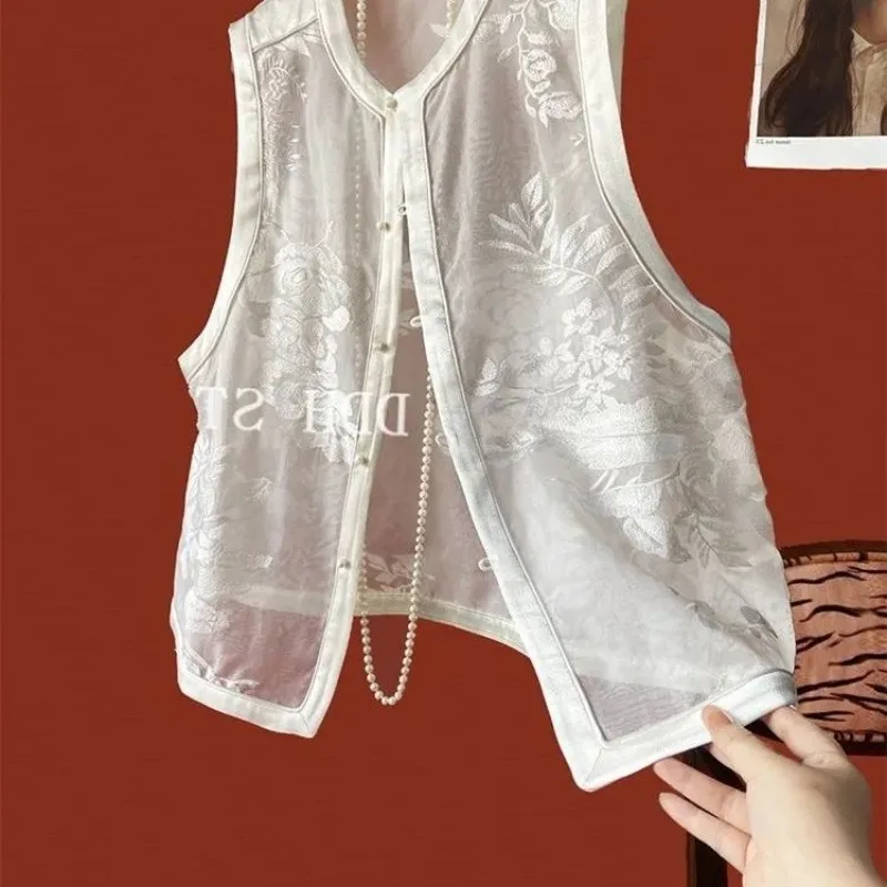 Shpmishal Design Sense Retro New Chinese Style White Vest Jacket Women's Summer Thin Embroidered Sleeveless Loose Casual Vest