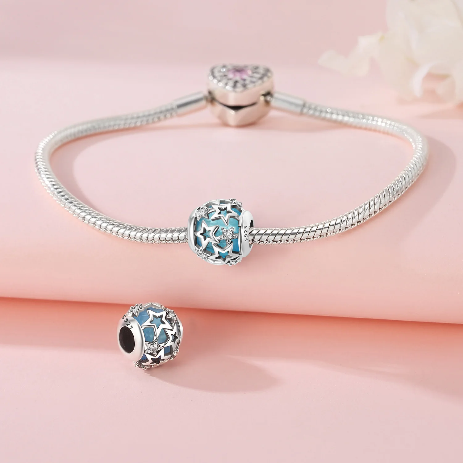 الخرز 925 فضة سحر الأصلي الأزرق نجوم القمر الشمس الخرز صالح سوار مجوهرات Diy بها بنفسك النساء غرامة هدية الإكسسوار #4