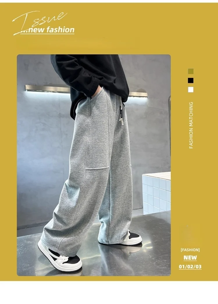 2026 Neue Frühlings-Freizeithose für Kinder, Schwarze Jogginghose mit Elastischem Bund und Geradem Bein für Jungen, Lockere Hose mit Taschen – Detail 1