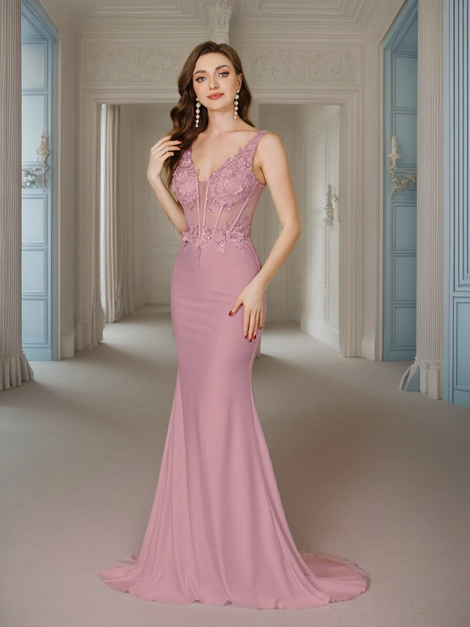 

Women's Mermaid Wedding Dress Sexy Sheer Beaded Lace Appliques V-Neck Illusion Backless Evening Dresses Sheath Maxi Train Gowns