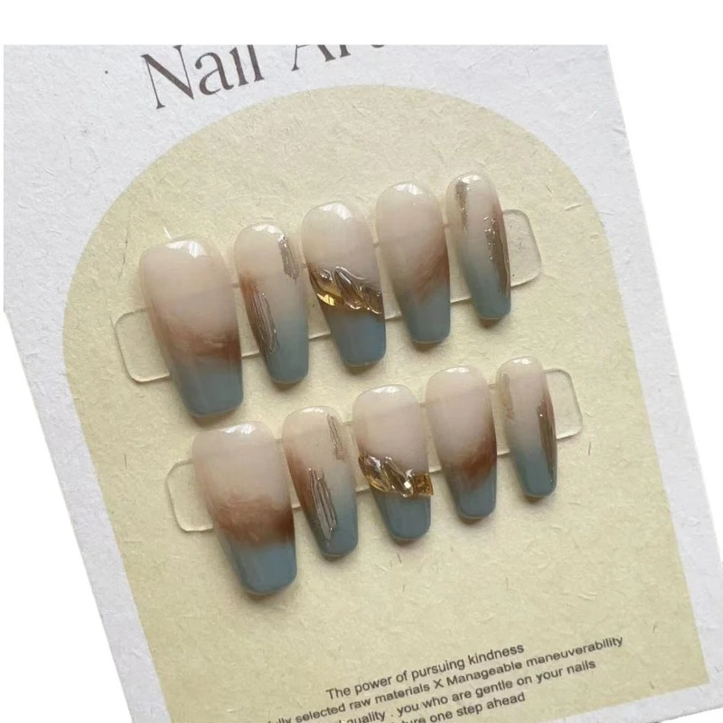 Faux Ongles à Pression, Couverture Complète, Patch Fait à la Main, Perfecambre Brume, Bleu Français, Champagne Diamant, N64.DIY, 10 Pièces/Ensemble