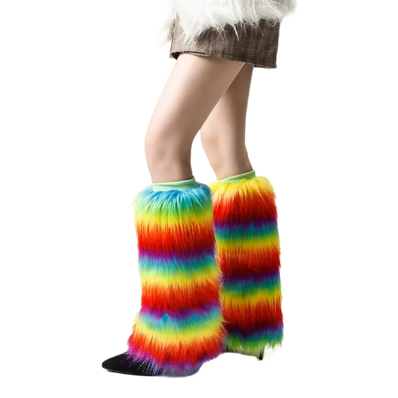 Women Vintage Rainbow Colorful Plush Leg Warmer Fuzzy Thickened Boot Toppers Cuffs Furry Leg Cover Long Socks Partywear