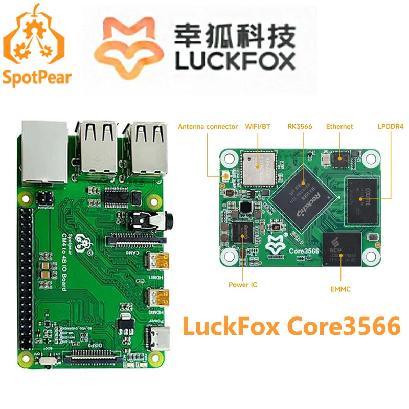 LuckFox Core3566 RK3566 Placa IO de opção para RAM / eMMC / sem fio Compatível com Raspberry Pi CM4