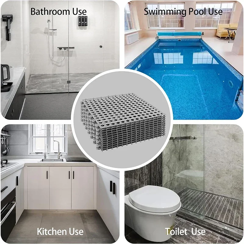 Square Shower Stall Mats Soft Non Slip Large Bathroom Sensory Floor Mat with Hole Kitchen Bathtub Pool Outdoor Mats Rubber Tiles