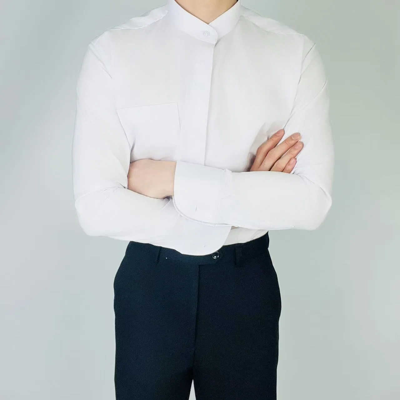 

Slim Fit Long Sve irt Stand Collar Men's Casual Pure Color Busin Gentleman Versatile k Button ket Top