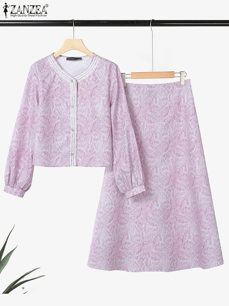 ZANZEA-Conjuntos de vestidos bohemios para mujer, 2 uds., camisas de manga larga acampanada, faldas largas, trajes de 2 piezas con estampado Floral Vintage, otoño 2025