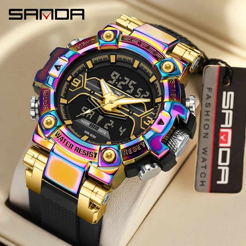 SANDA 3186 New Cool Luxury Digital Men Military Watches Analog Display TPU Strap Waterproof Resistant Fashion Sports Men Watches