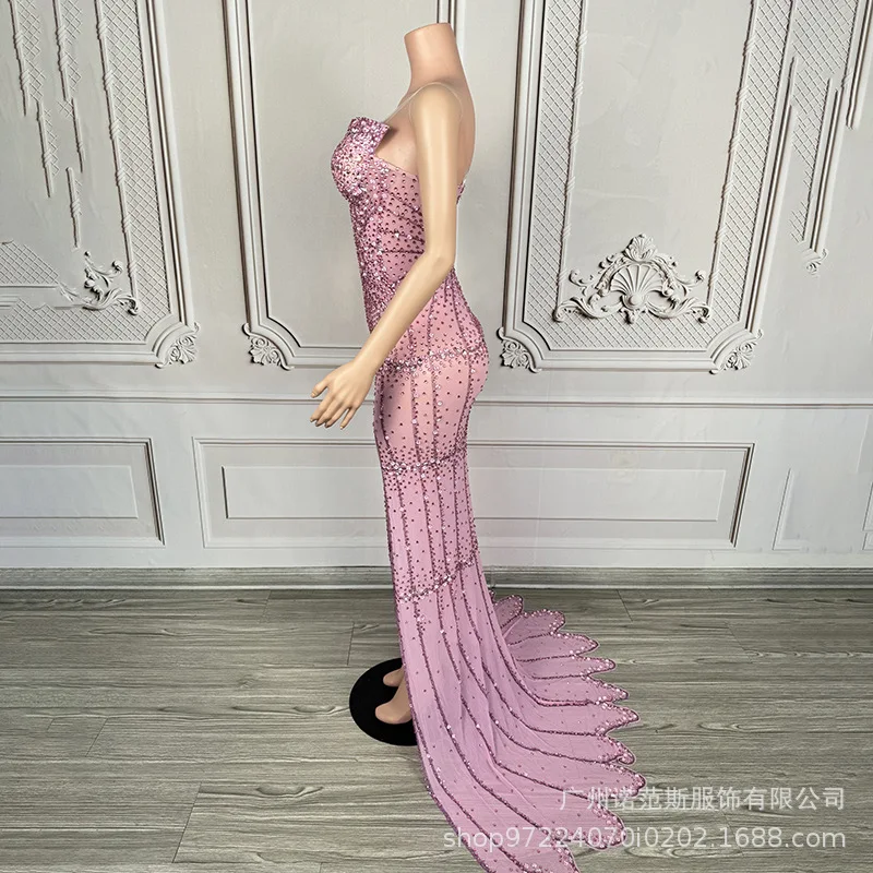 Luxury Pink Diamond Tube Top Temperament Trailing Dress Skirt Birthday Light Luxury Dress Annual Meeting Women's High-end Dress
