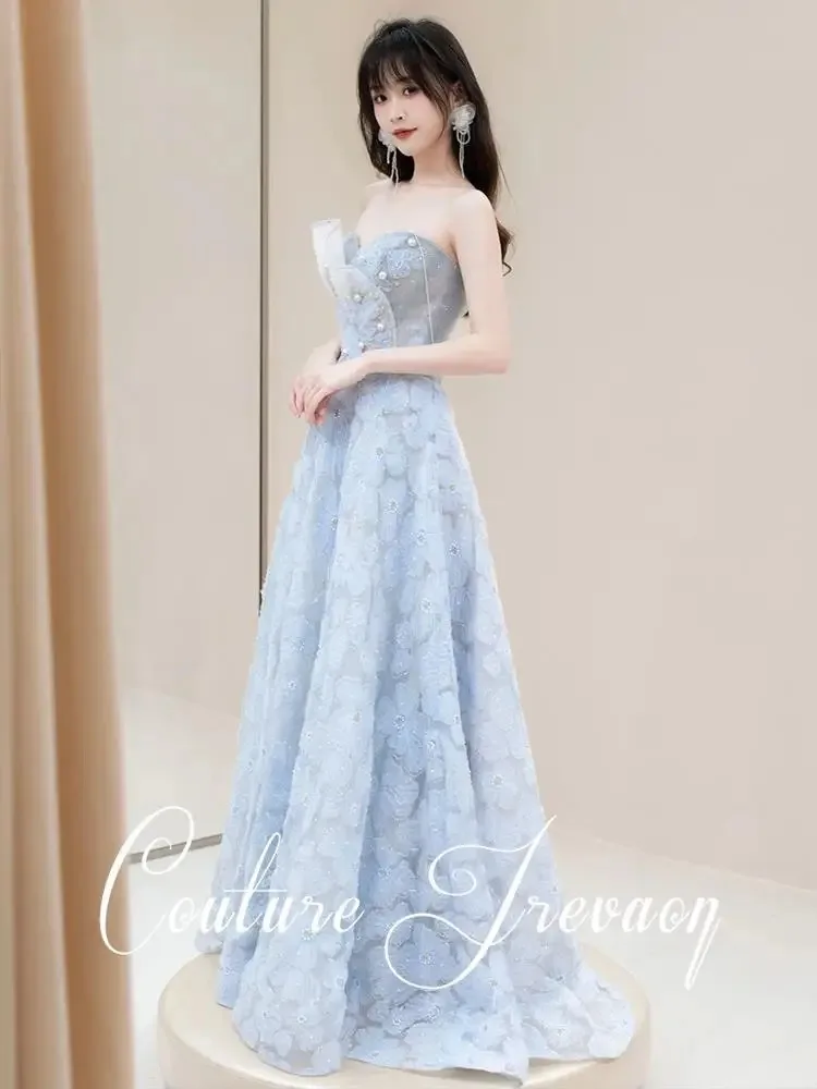 Azul vestidos de celebridades floral a linha apliques sem alças pérolas querida fada longo quinceanera festa de formatura vestidos de baile