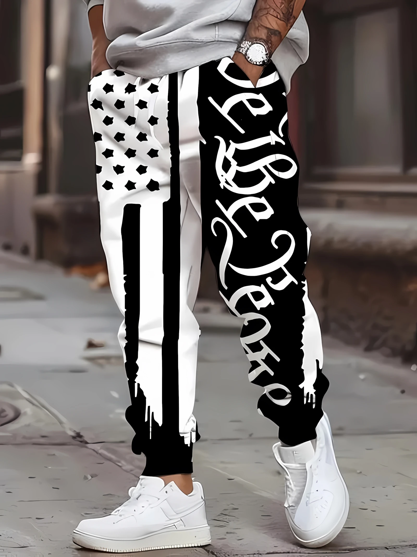 

The new men's trousers for the autumn of 2025 are sporty casual and fashionable with 3D black and white prints