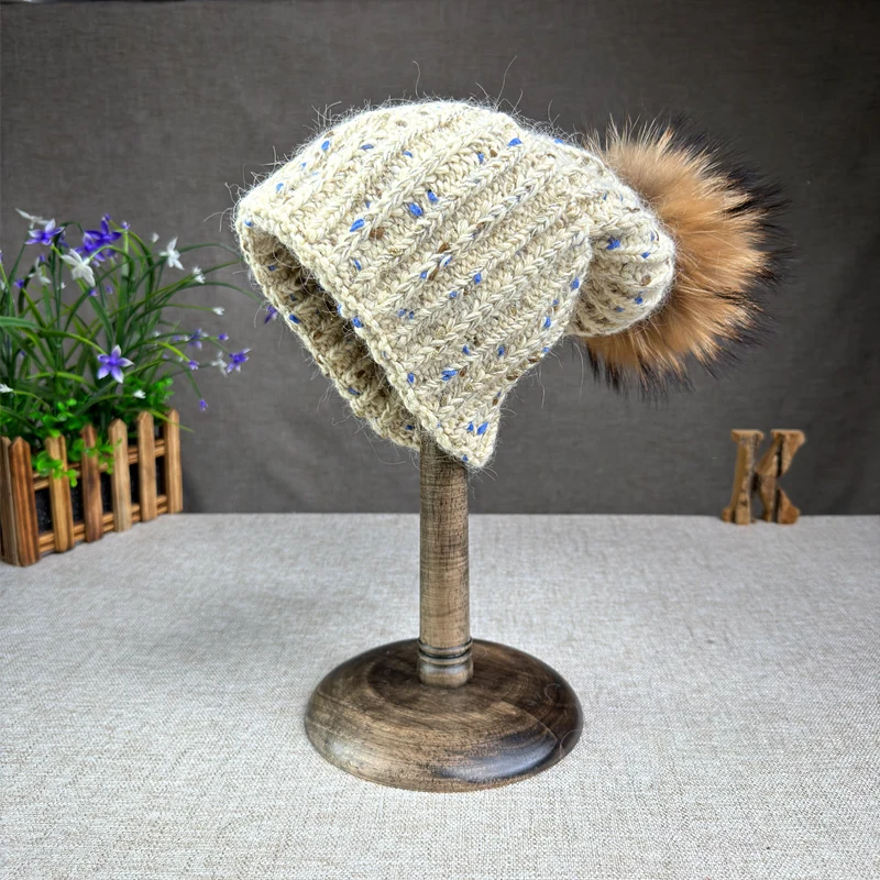 High quality rabbit fur knitted raccoon fur ball hat for autumn and winter travel versatile pile hat woolen hat trendy women