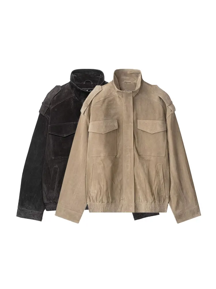 

Женская свободная куртка из искусственной замши, пальто с высоким воротником и карманами на клапанах, модная верхняя одежда на осень-зиму